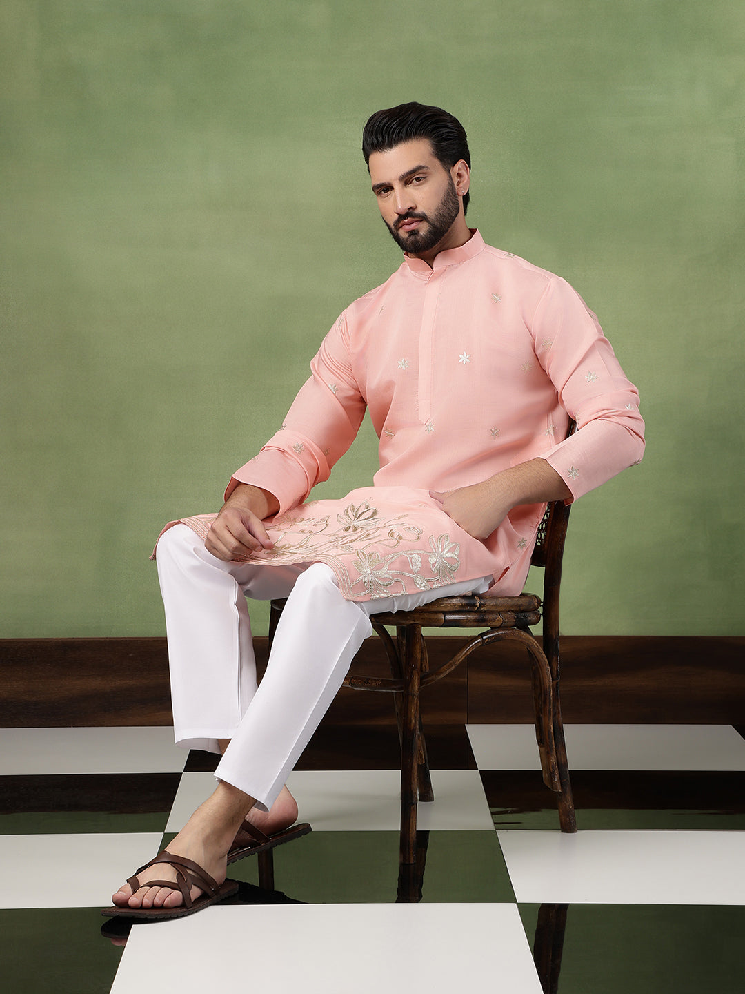 Men's Cotton Floral Zari Embroidered Pink Long Kurta