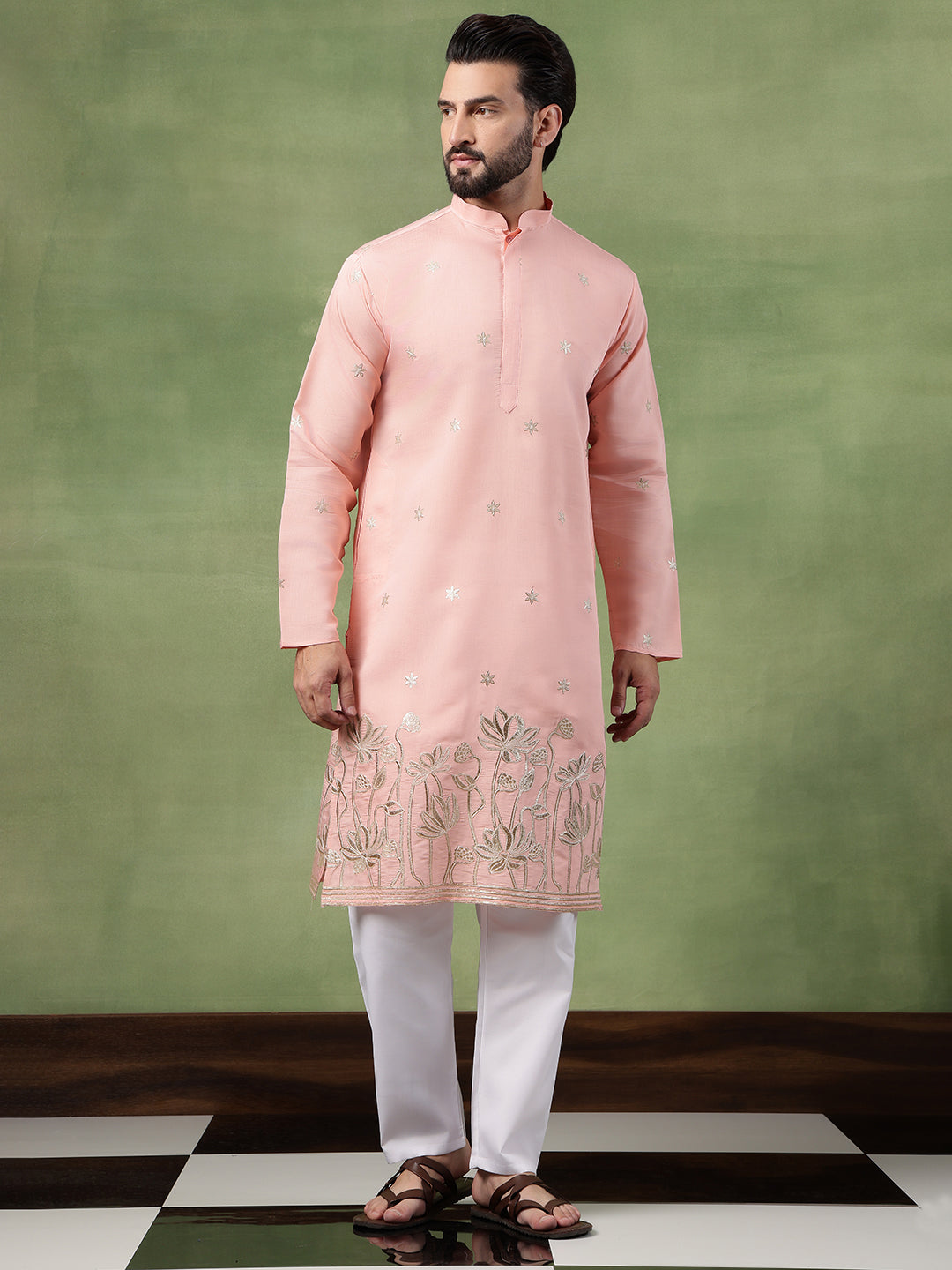 Men's Cotton Floral Zari Embroidered Pink Long Kurta