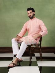 Men's Cotton Floral Zari Embroidered Pink Kurta and White Pyjama