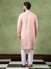 Men's Cotton Floral Zari Embroidered Pink Kurta and White Pyjama
