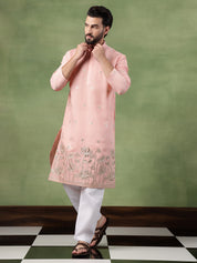 Men's Cotton Floral Zari Embroidered Pink Kurta and White Pyjama