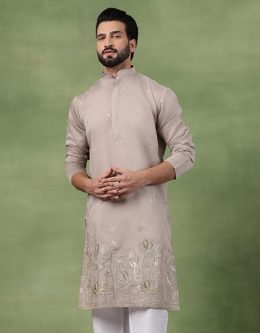 Men's Cotton Floral Zari Embroidered Grey Long Kurta