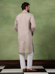 Men's Cotton Floral Zari Embroidered Grey Long Kurta
