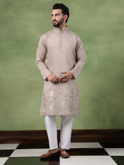 Men's Cotton Floral Zari Embroidered Grey Long Kurta