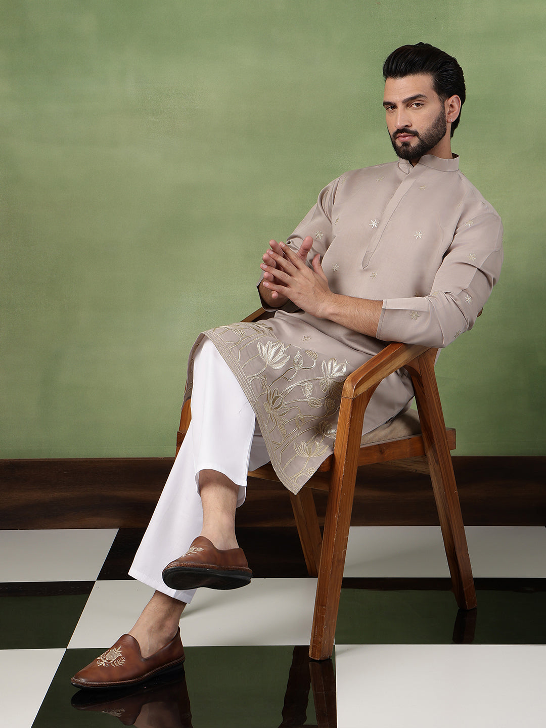 Men's Cotton Floral Zari Embroidered Grey Kurta and White Pyjama