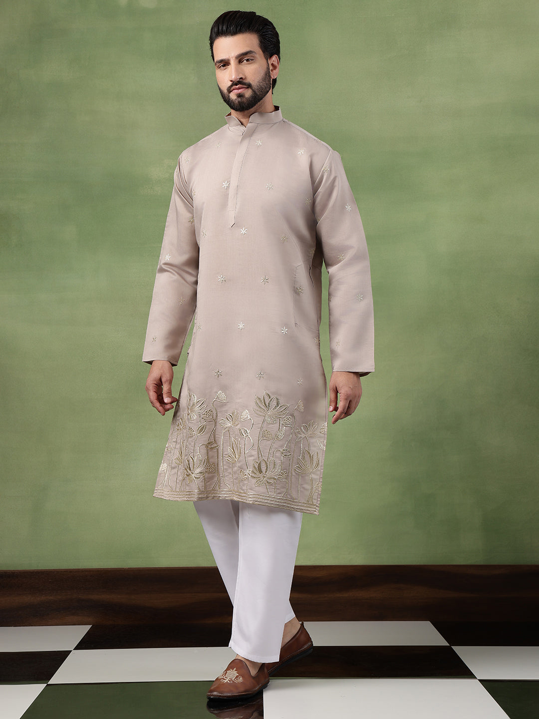Men's Cotton Floral Zari Embroidered Grey Kurta and White Pyjama