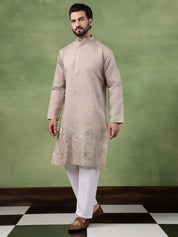Men's Cotton Floral Zari Embroidered Grey Kurta and White Pyjama