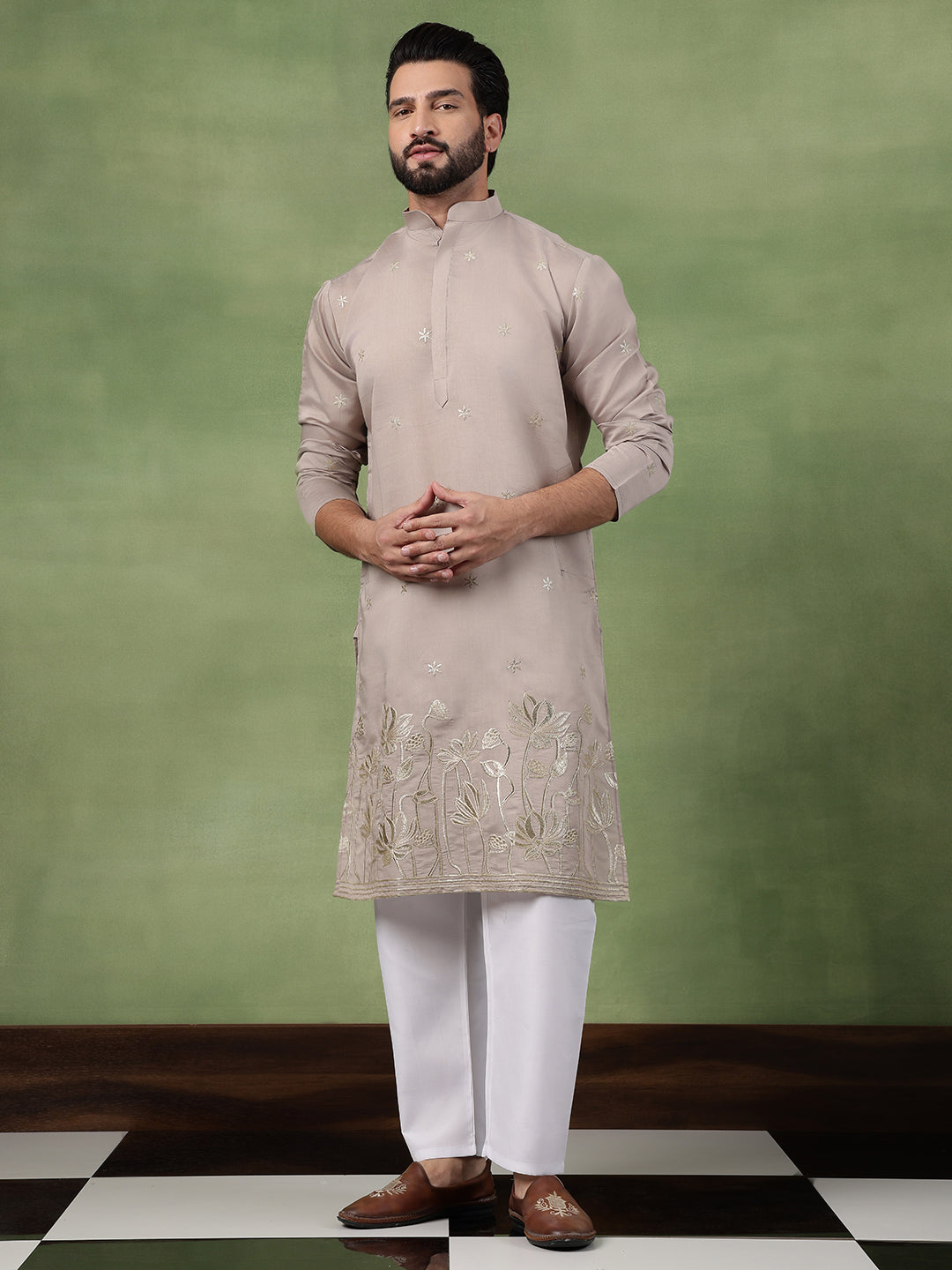 Men's Cotton Floral Zari Embroidered Grey Kurta and White Pyjama