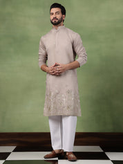 Men's Cotton Floral Zari Embroidered Grey Kurta and White Pyjama