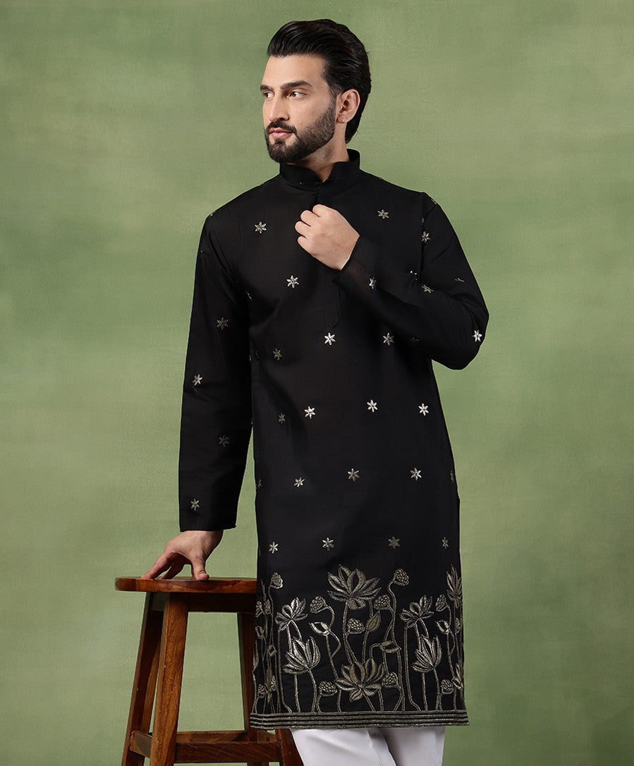 Men's Cotton Floral Zari Embroidered Black Long Kurta
