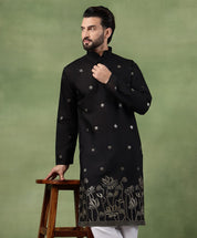 Men's Cotton Floral Zari Embroidered Black Long Kurta