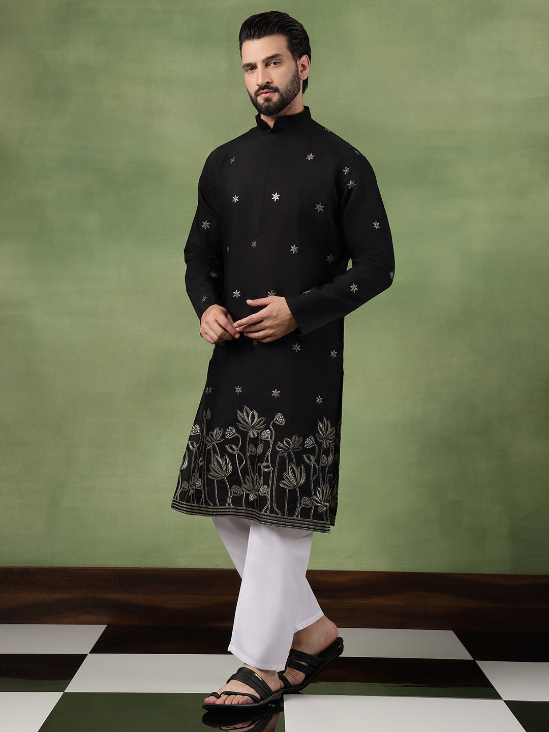 Men's Cotton Floral Zari Embroidered Black Long Kurta
