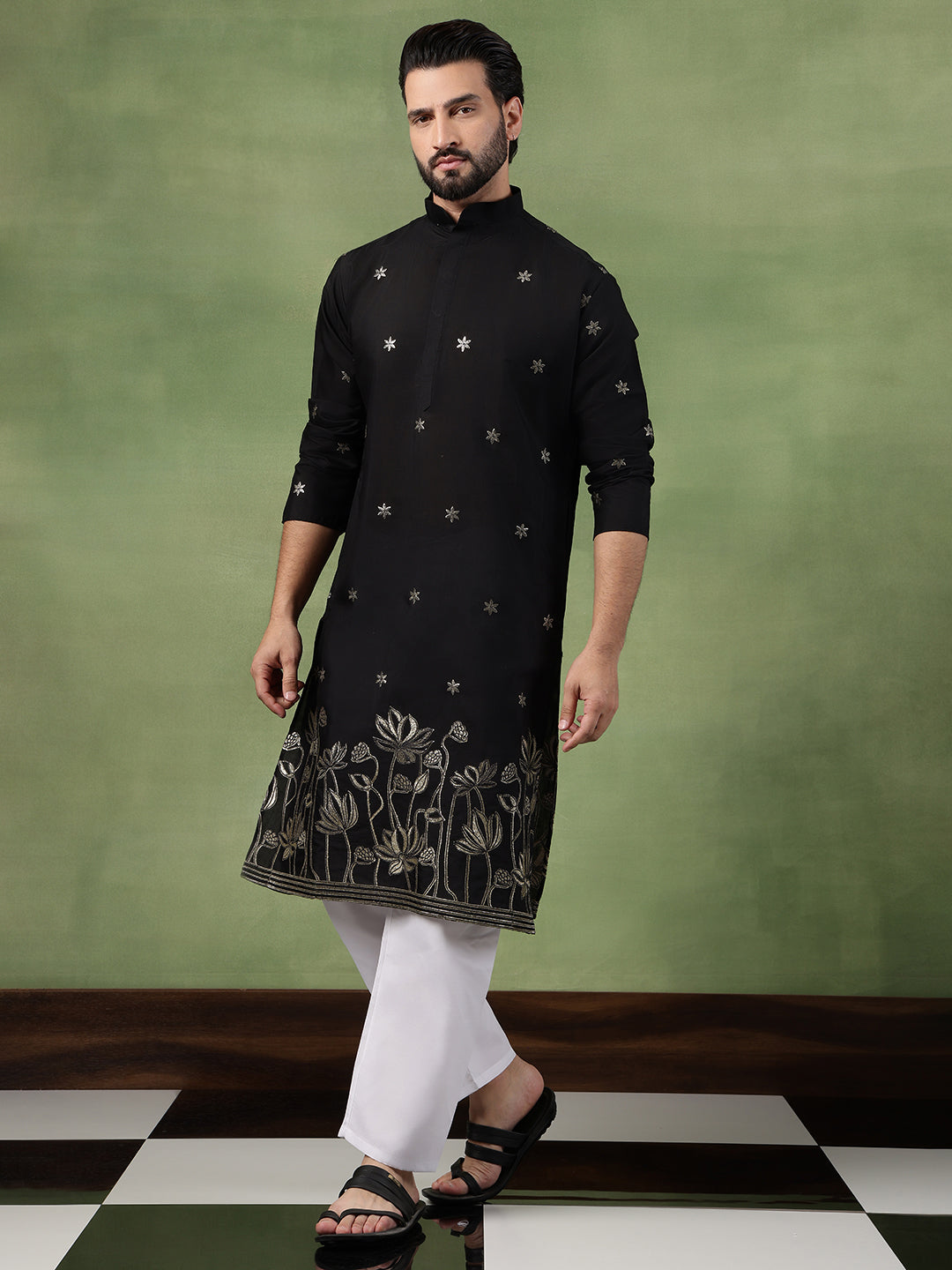 Men's Cotton Floral Zari Embroidered Black Long Kurta