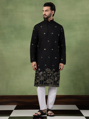 Men's Cotton Floral Zari Embroidered Black Long Kurta