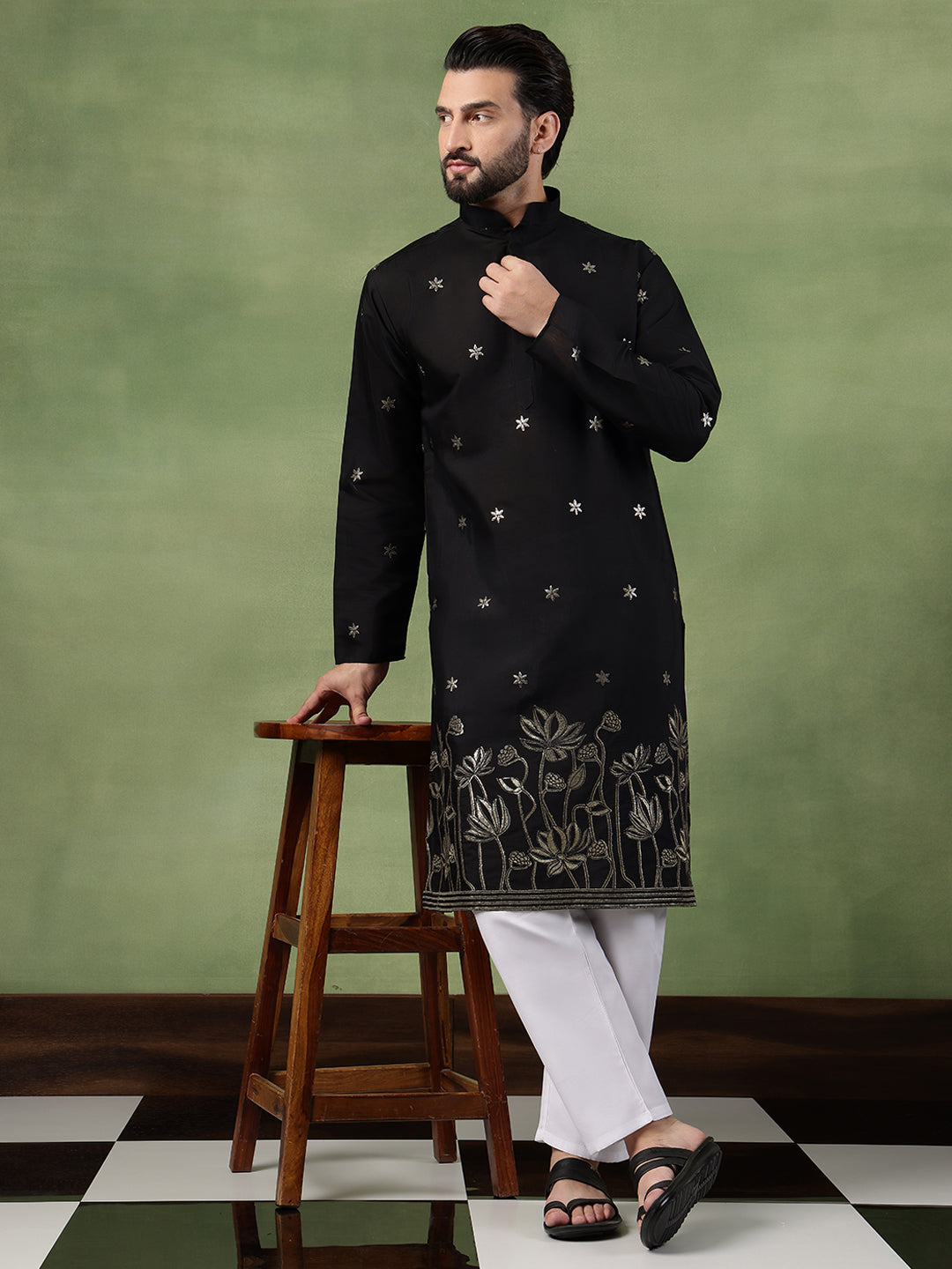 Men's Cotton Floral Zari Embroidered Black Kurta and White Pyjama