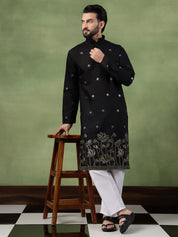 Men's Cotton Floral Zari Embroidered Black Kurta and White Pyjama