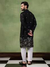 Men's Cotton Floral Zari Embroidered Black Kurta and White Pyjama