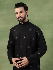 Men's Cotton Floral Zari Embroidered Black Kurta and White Pyjama