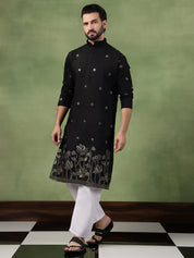 Men's Cotton Floral Zari Embroidered Black Kurta and White Pyjama