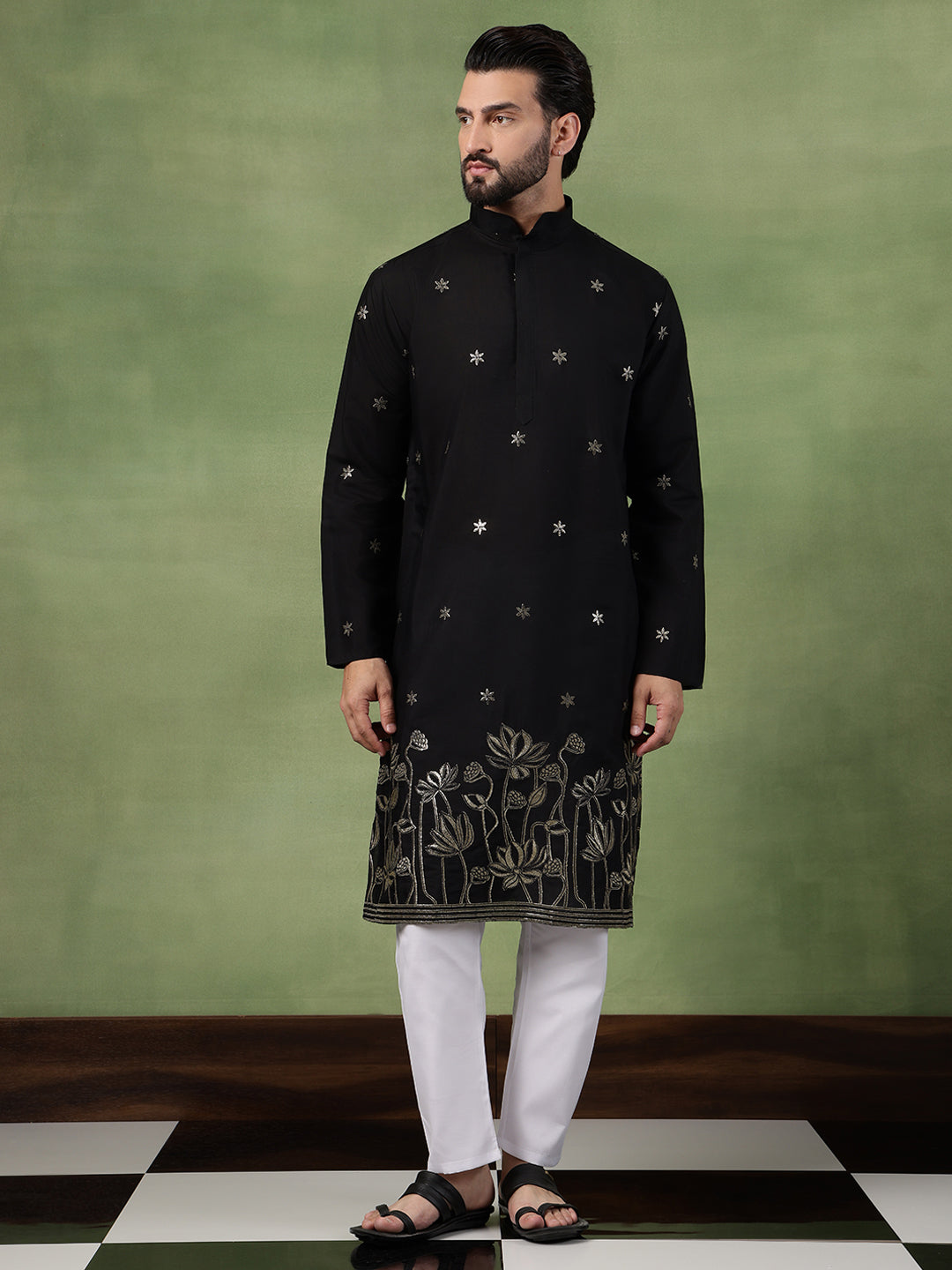 Men's Cotton Floral Zari Embroidered Black Kurta and White Pyjama