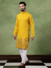 Men's Cotton Floral Zari Embroidered Mustard Long Kurta