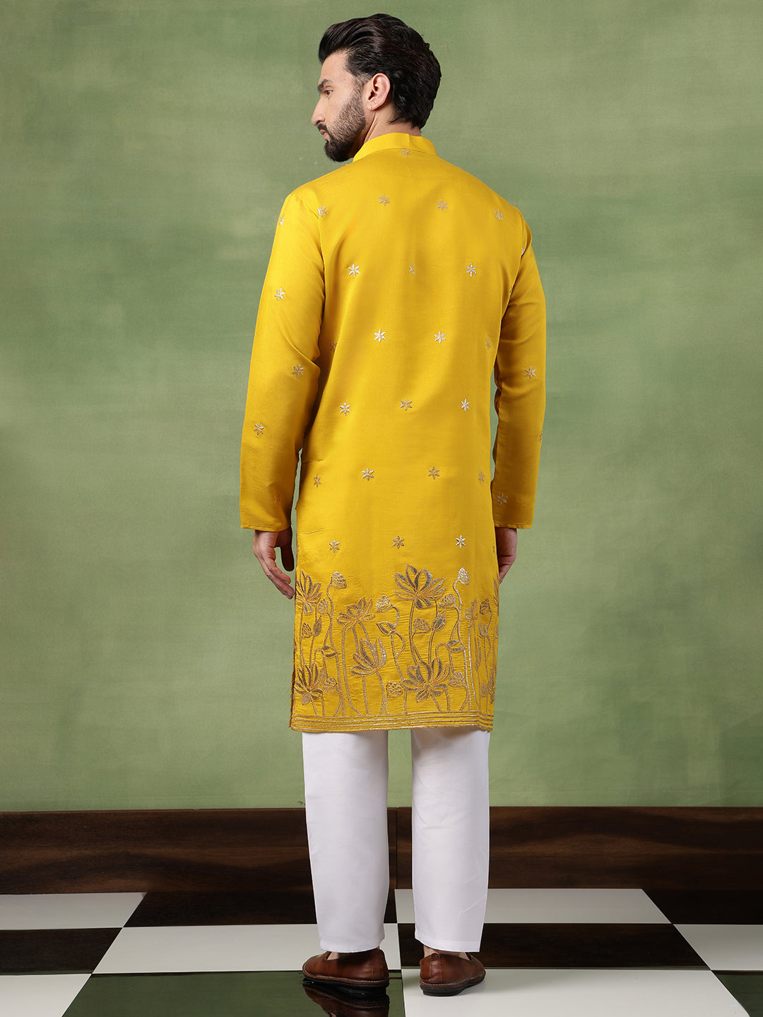 Men's Cotton Floral Zari Embroidered Mustard Long Kurta