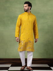 Men's Cotton Floral Zari Embroidered Mustard Long Kurta