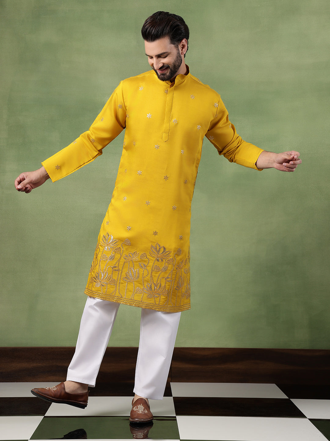 Men's Cotton Floral Zari Embroidered Mustard Kurta and White Pyjama