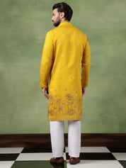 Men's Cotton Floral Zari Embroidered Mustard Kurta and White Pyjama