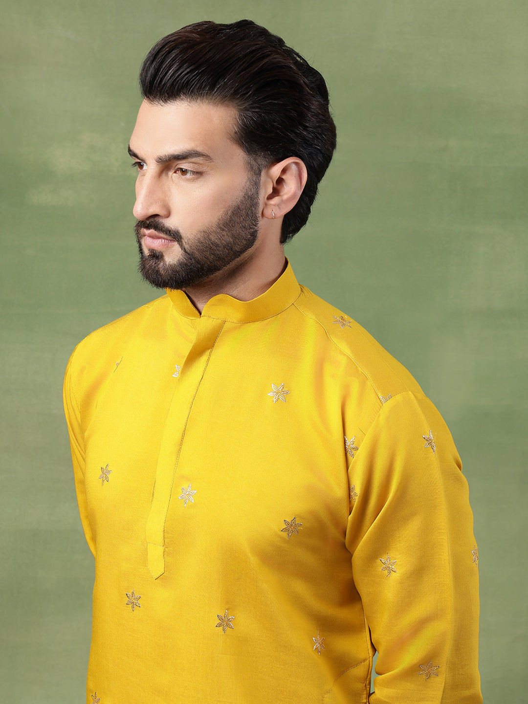 Men's Cotton Floral Zari Embroidered Mustard Kurta and White Pyjama
