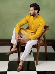 Men's Cotton Floral Zari Embroidered Mustard Kurta and White Pyjama