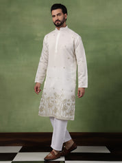 Men's Cotton Floral Zari Embroidered Cream Long Kurta