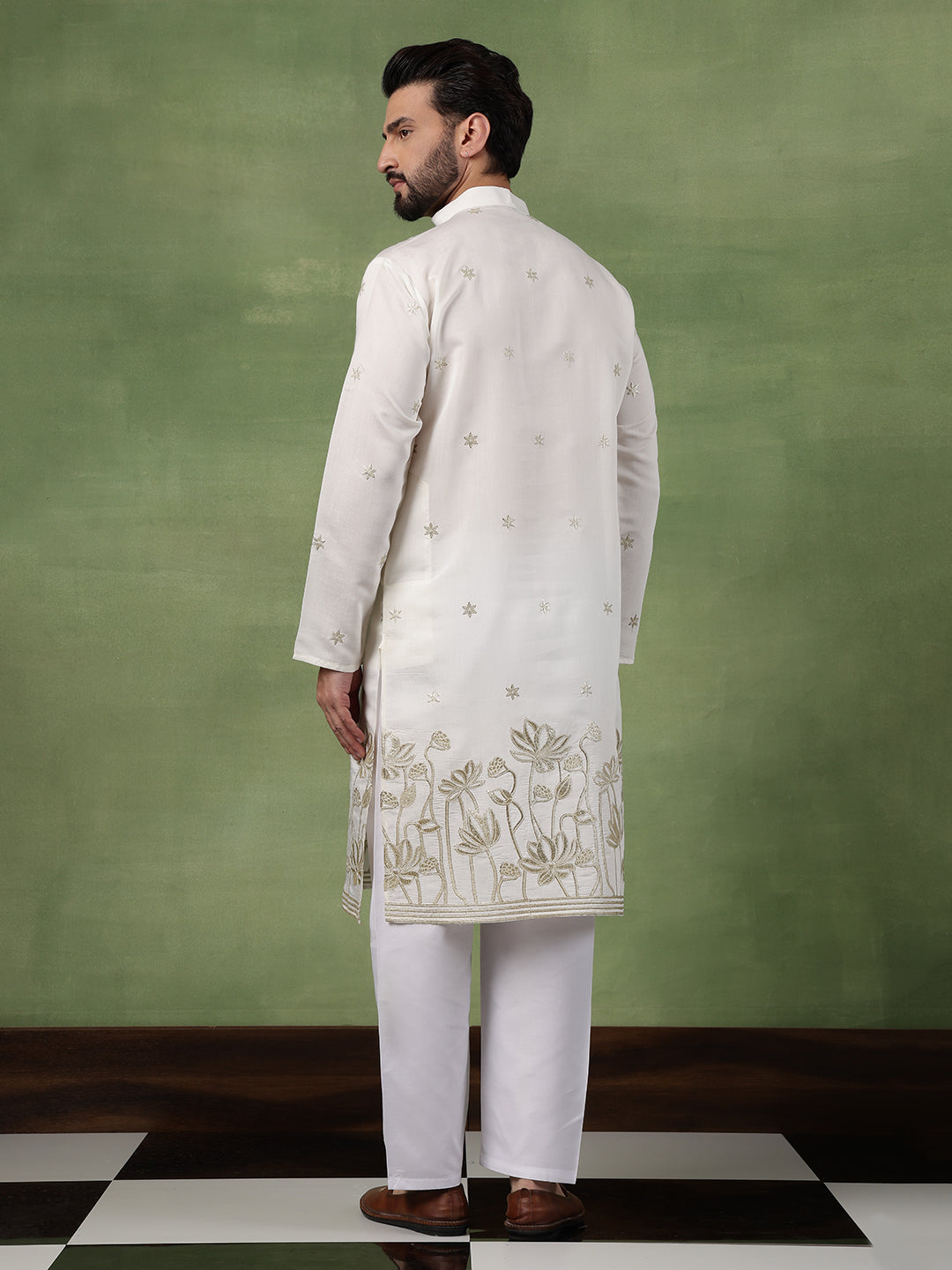 Men's Cotton Floral Zari Embroidered Cream Long Kurta