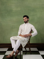 Men's Cotton Floral Zari Embroidered Cream Long Kurta