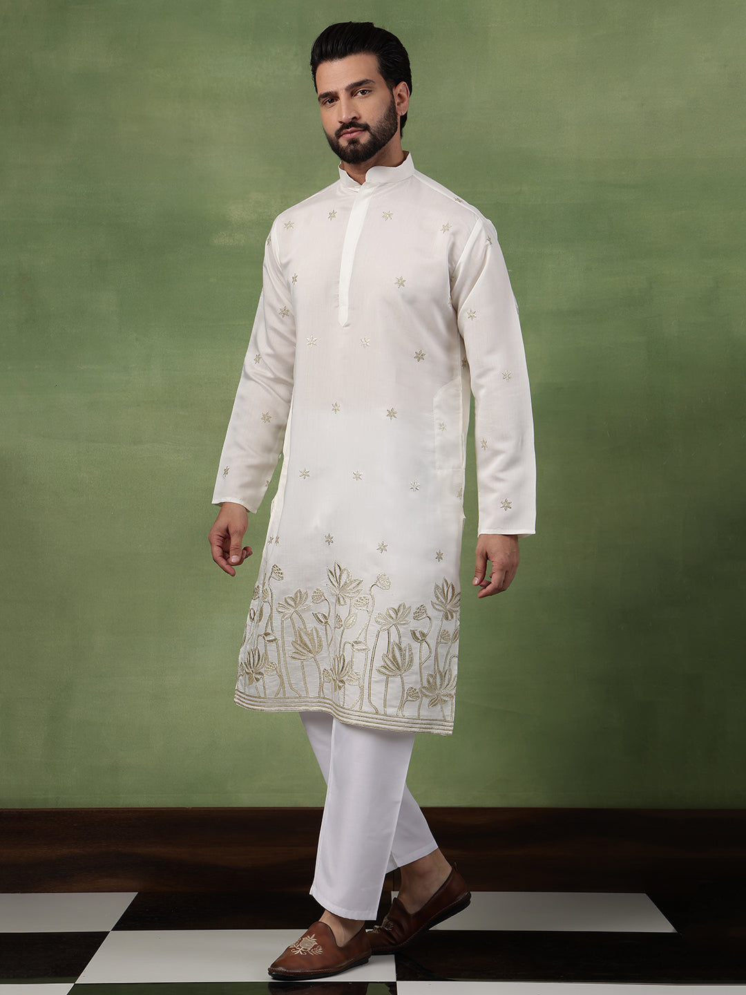 Men's Cotton Floral Zari Embroidered Cream Kurta and White Pyjama