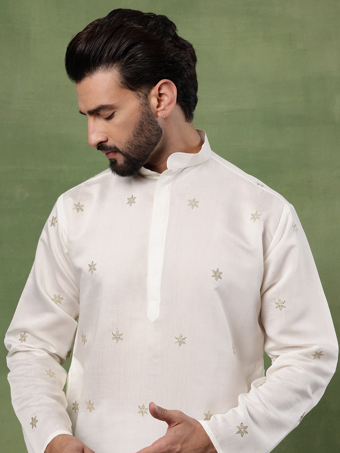 Men's Cotton Floral Zari Embroidered Cream Kurta and White Pyjama