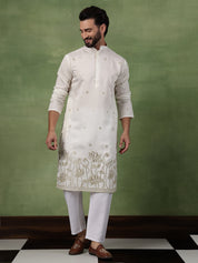 Men's Cotton Floral Zari Embroidered Cream Kurta and White Pyjama