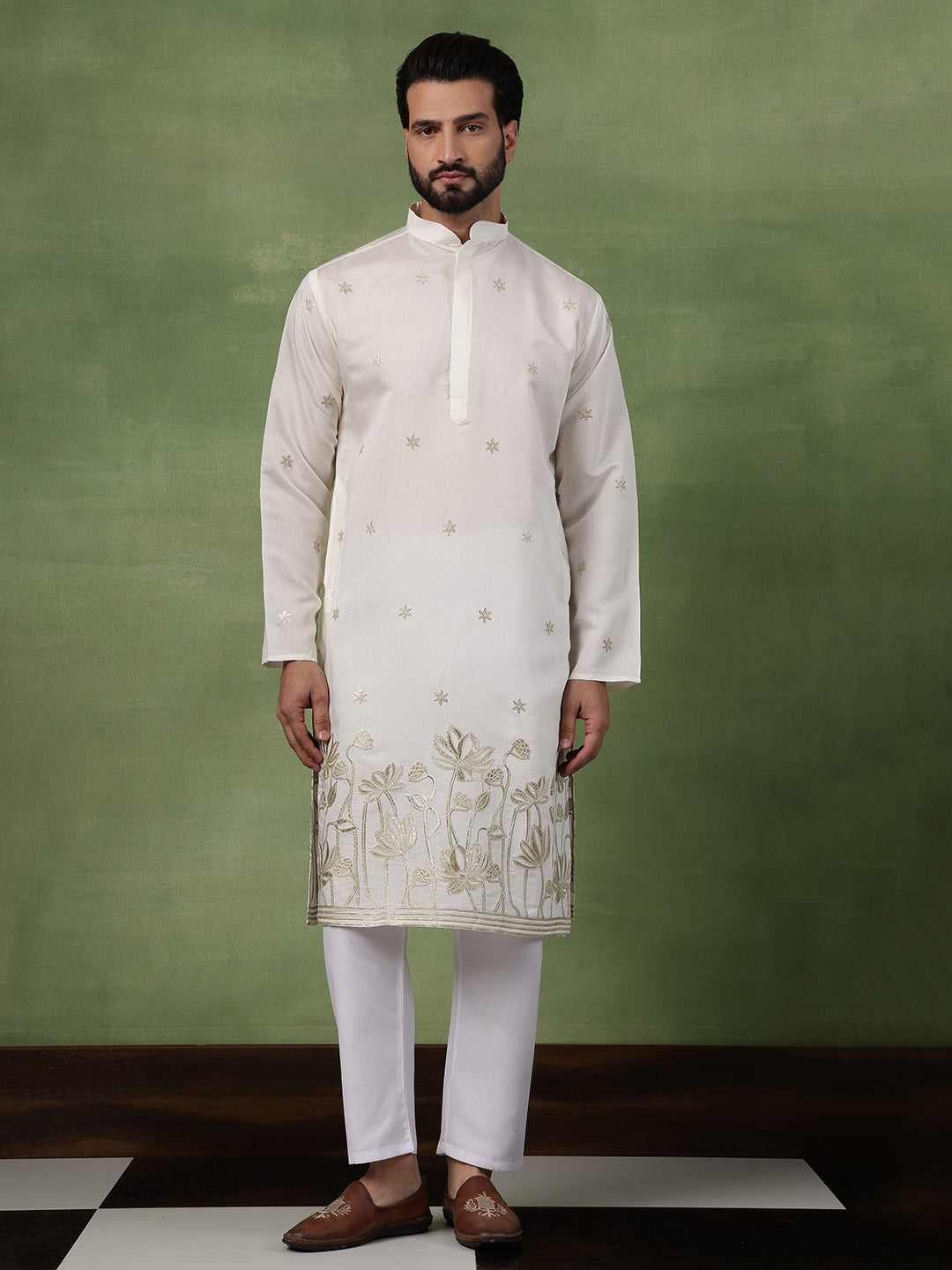 Men's Cotton Floral Zari Embroidered Cream Kurta and White Pyjama