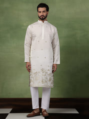 Men's Cotton Floral Zari Embroidered Cream Kurta and White Pyjama