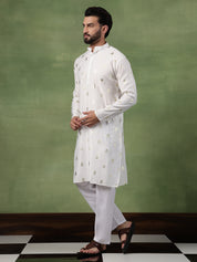 Men's Cotton White Long Kurta with Golden Floral Motif Print