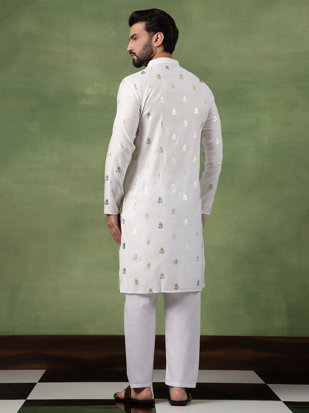 Men's Cotton White Long Kurta with Golden Floral Motif Print