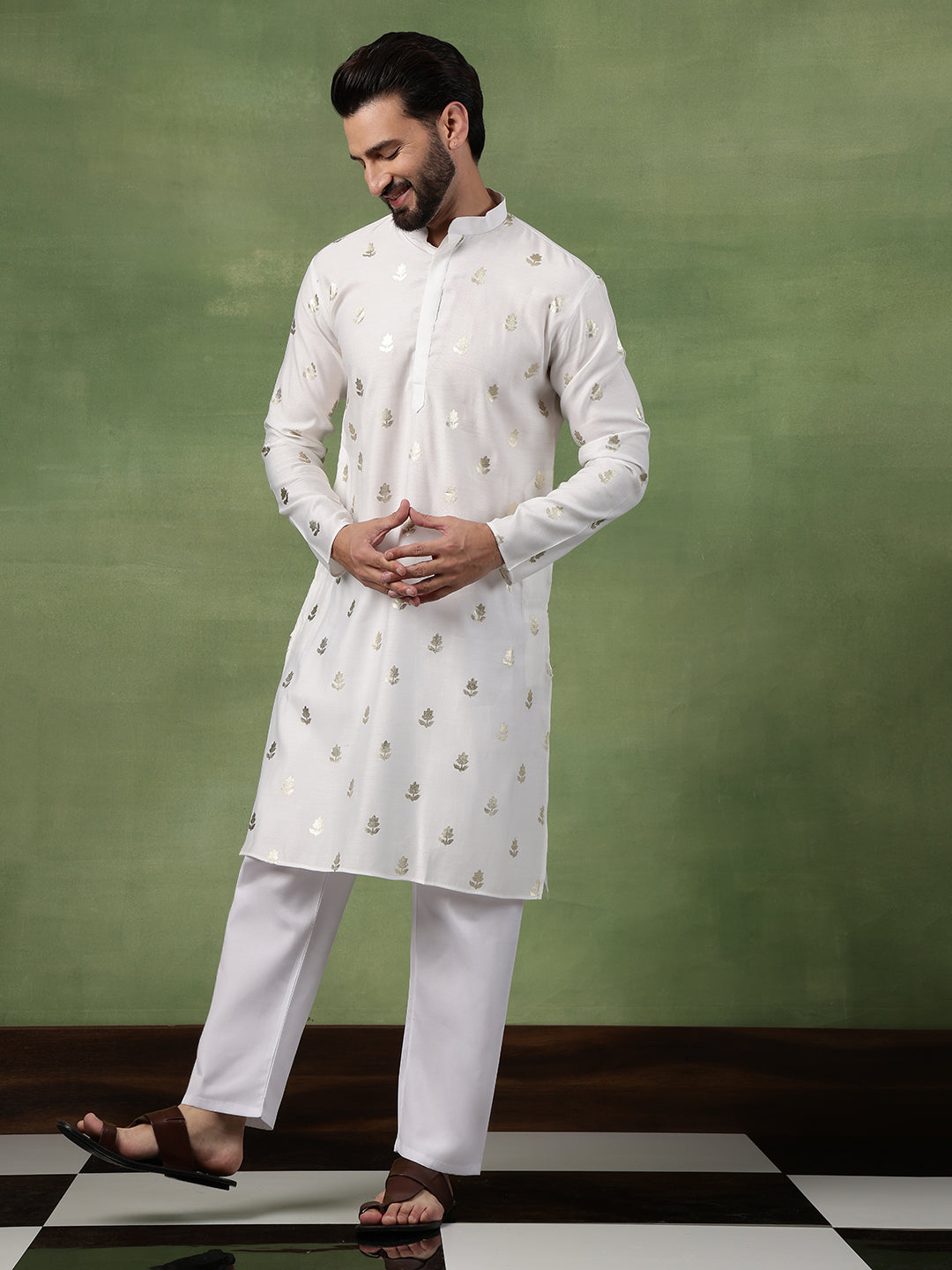 Men's Cotton White Long Kurta with Golden Floral Motif Print