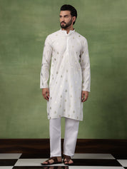 Men's Cotton White Long Kurta with Golden Floral Motif Print