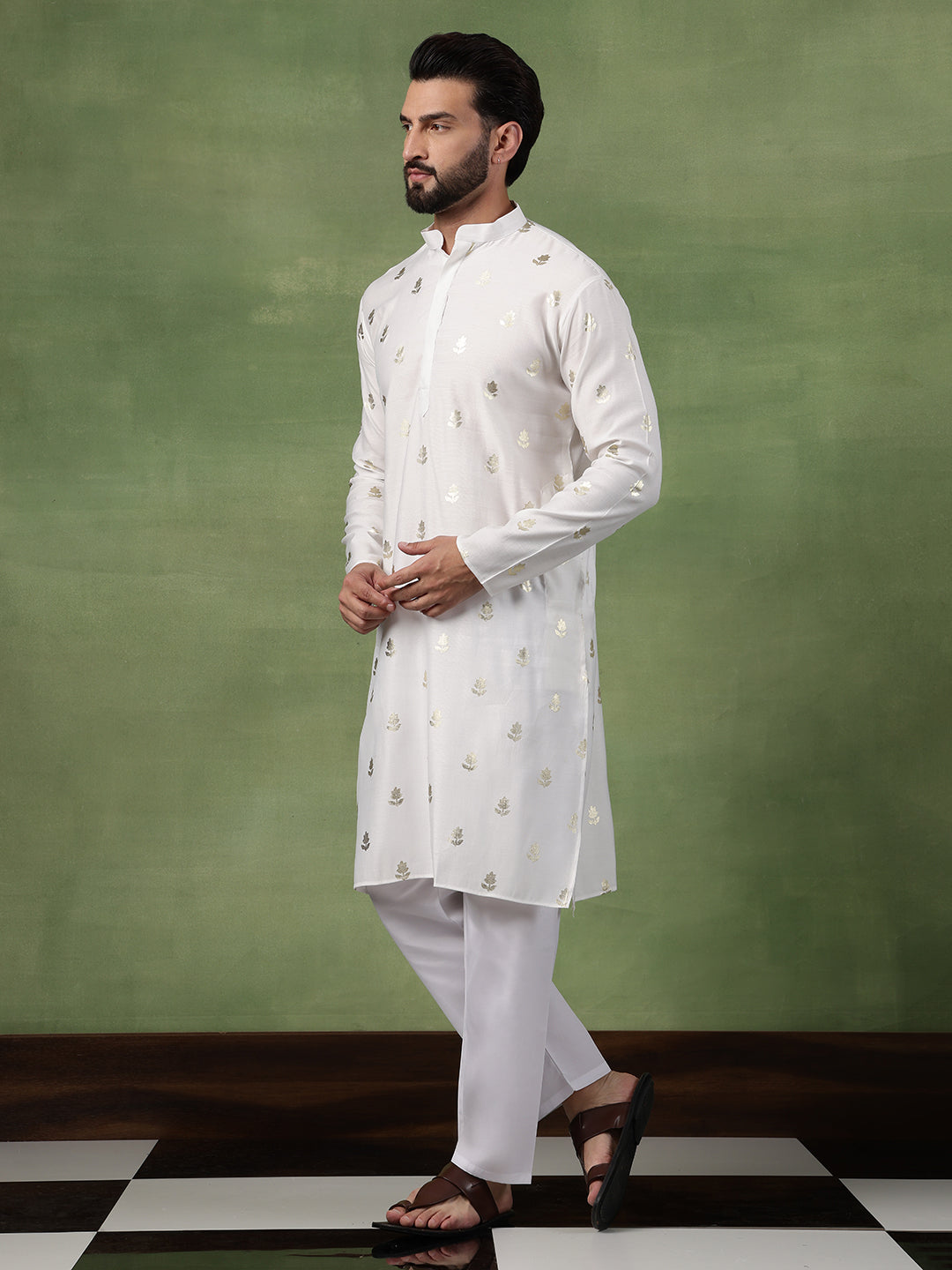 Men's Cotton Golden Floral Motif Print White Kurta With Pyjama
