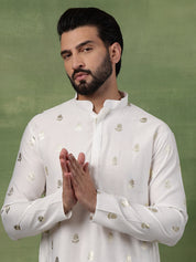Men's Cotton Golden Floral Motif Print White Kurta With Pyjama