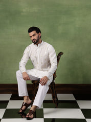 Men's Cotton Golden Floral Motif Print White Kurta With Pyjama