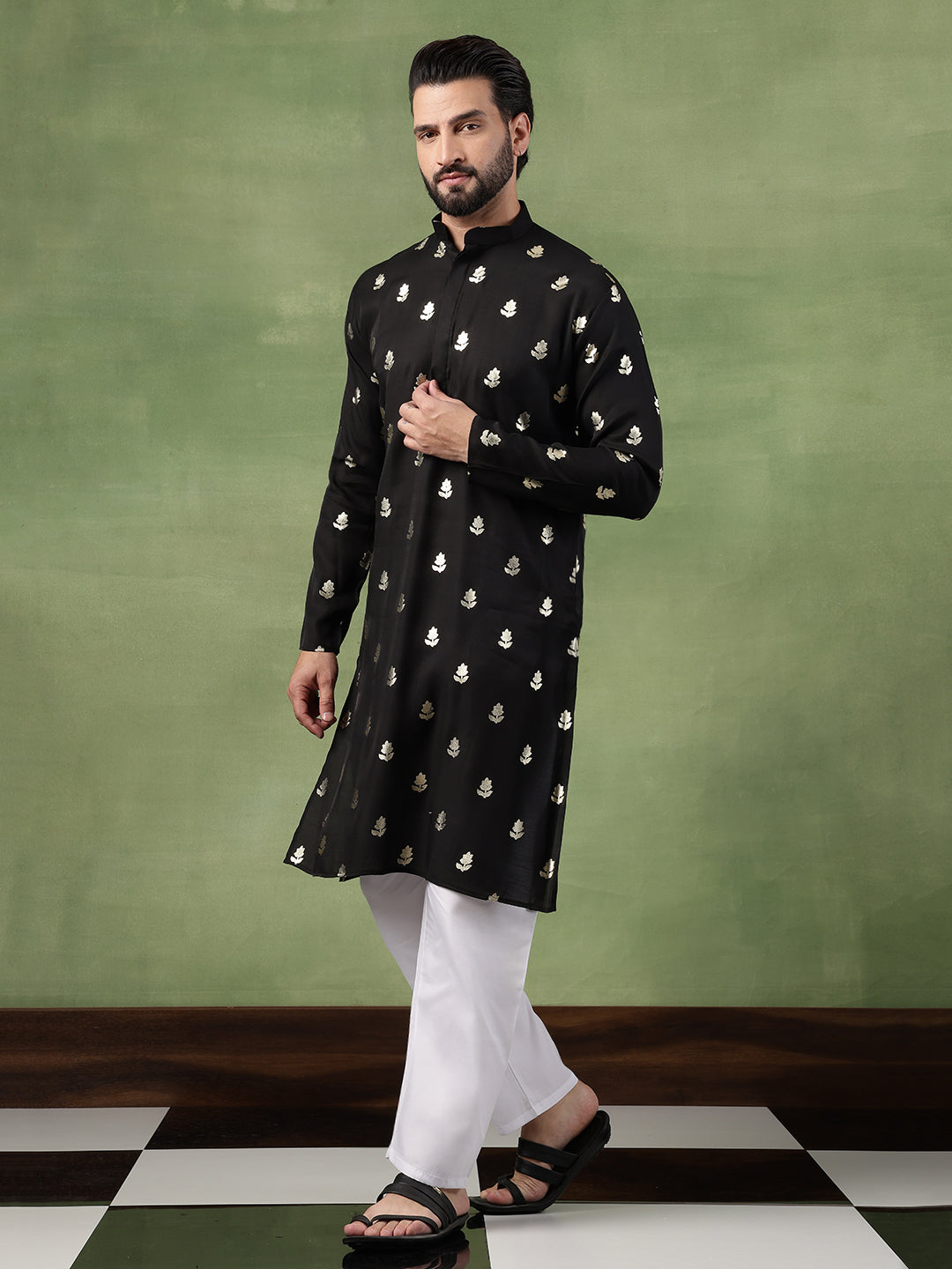 Men's Cotton Black Long Kurta with Golden Floral Motif Print