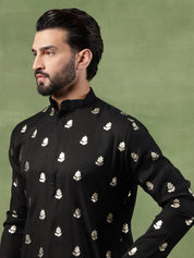 Men's Cotton Black Long Kurta with Golden Floral Motif Print