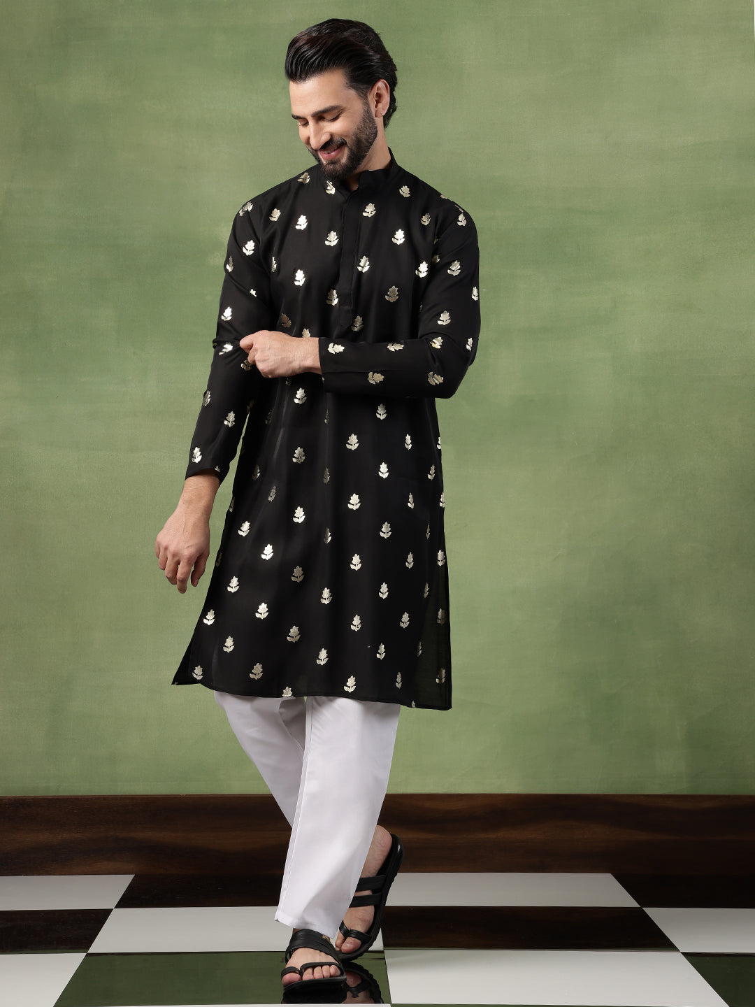 Men's Cotton Black Long Kurta with Golden Floral Motif Print