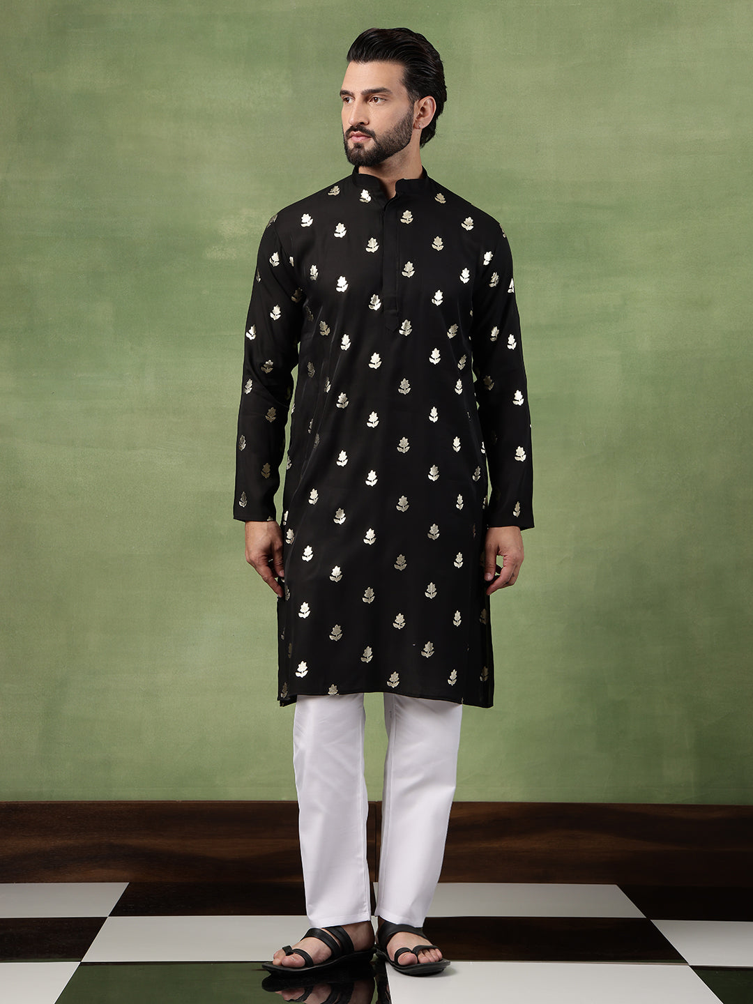 Men's Cotton Black Long Kurta with Golden Floral Motif Print